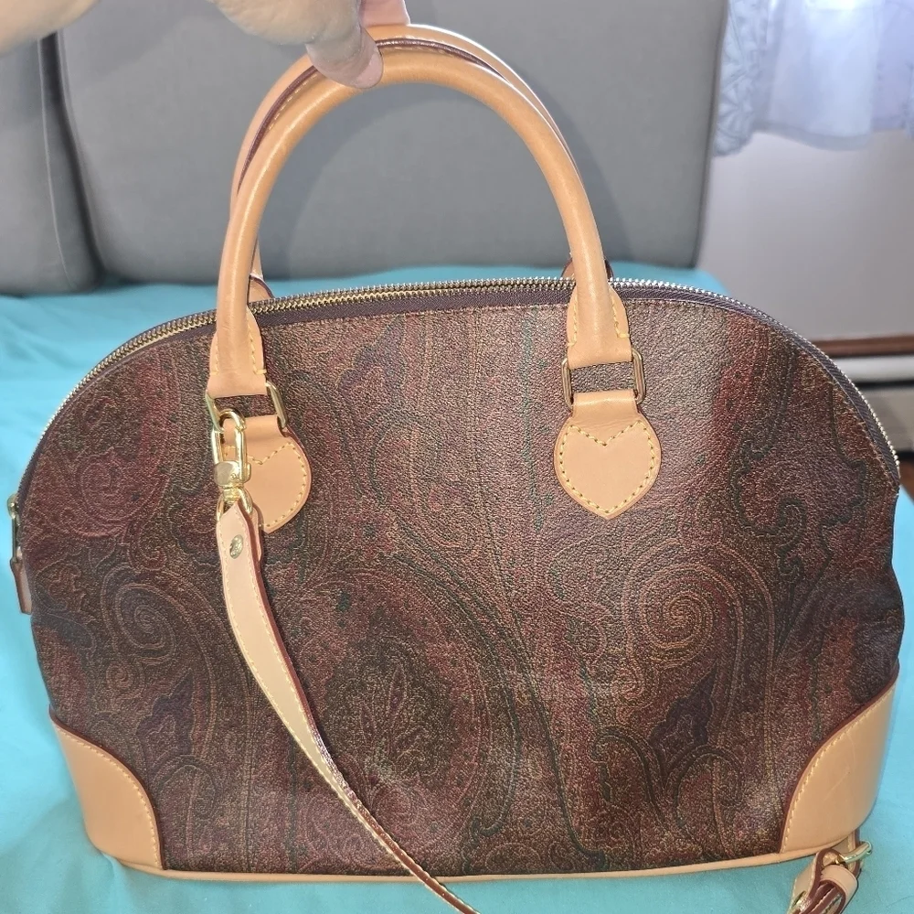 Etro Brown and Tan Paisley Italian Leather Alma Style Satchel
